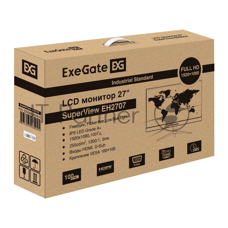 Монитор 27" ExeGate SuperView EH2707A IPS 1920x1080, 100 Гц, 5 мс, 16:9, 250 кд/м², 1xHDMI, VGA, Flicker Free, Low Blue Light, черный