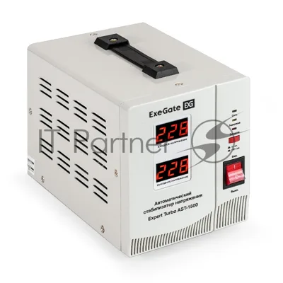 Стабилизатор напряжения ExeGate Expert Turbo AST-1500 (1500ВА, вход 80-260В, двойная цифр. индикация вход/вых. напряжения, выход 220В±8%, КПД 98%, 5 уровней защиты, задержка, усиленный метал. корпус, 2*Schuko, RTL)
