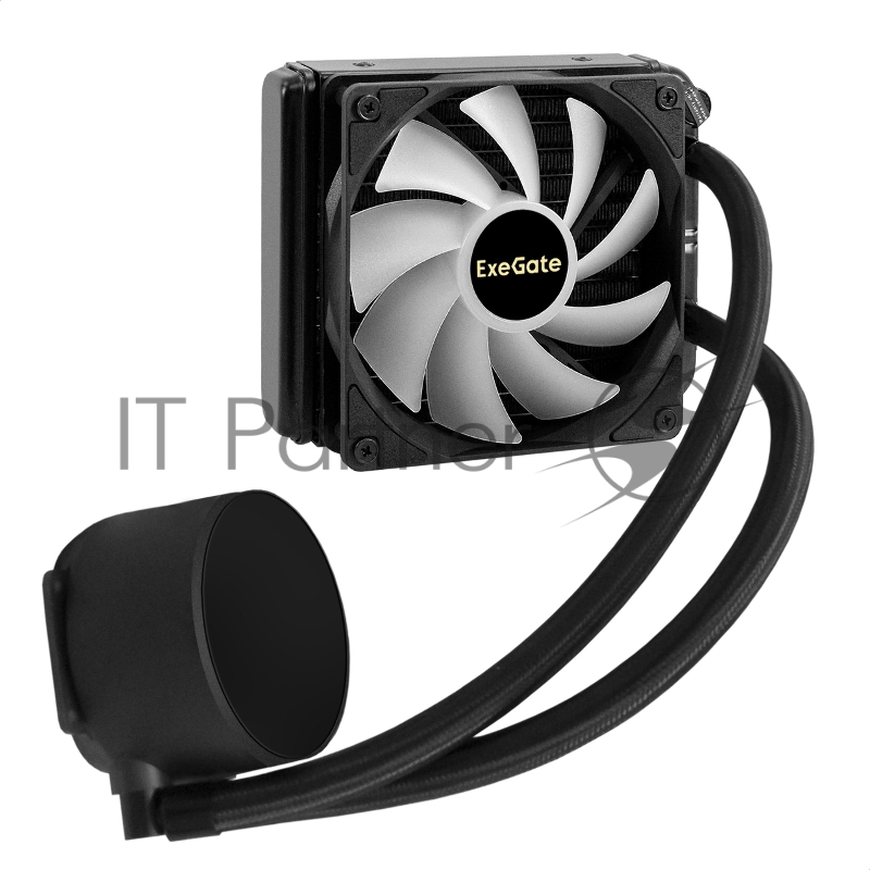 Комплект жидкостного охлаждения ExeGate BlackWater-120V3.PWM.RGb (RGb подсветка, LGA2066/2011/1366/1150/1151/1155/1156/1200/1700/1851/AM4/AM5/FM1/FM2/FM2+/AM2/AM2+/AM3/AM3+, TDP 150W, Fan 120мм 4pin PWM 600-1800RPM Hydro bearing, помпа 3pin 2700RPM, макс. шум 37db, с термопастой, на винтах, черный, Color Box)