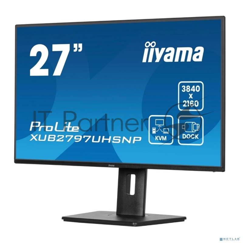 Монитор 27" iiyama XUB2797UHSNP-B1 IPS 4K 3840x2160, 60 Гц, 4 мс, 16:9, 350 кд/м², HDMI, DisplayPort, USB-A, USB-C (96 Вт), Ethernet, KVM-модуль, встроенные динамики, Flicker Free, Low Blue Light, трехсторонний безрамочный дизайн, регулировка по высоте, поворот на 90 градусов, черный