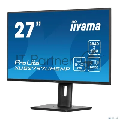 Монитор 27" iiyama XUB2797UHSNP-B1 IPS 4K 3840x2160, 60 Гц, 4 мс, 16:9, 350 кд/м², HDMI, DisplayPort, USB-A, USB-C (96 Вт), Ethernet, KVM-модуль, встроенные динамики, Flicker Free, Low Blue Light, трехсторонний безрамочный дизайн, регулировка по высоте, поворот на 90 градусов, черный