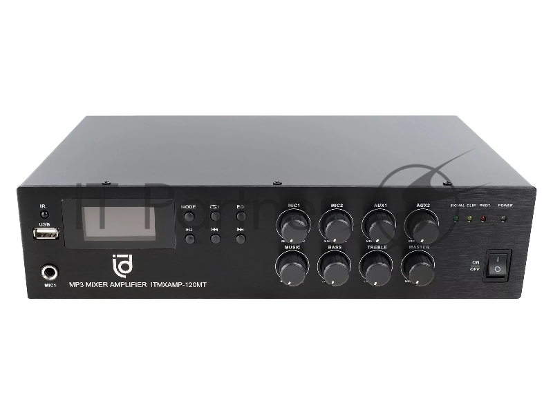 Микшер-усилитель Intrend ITMXAMP-120MT MP3, FM тюнер, USB, Bluetooth, 2хMic/3хLine входы, 1хLine выход,120 Вт, 4/8Ом/100V, IR-пульт в комплекте