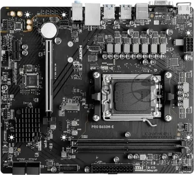 Материнская плата MSI PRO B650M-E, AM5, AMD B650, 2xDDR5, 4xSATA 6Gb/s, 1xM.2 PCIe 4.0 x4, 1xPCIe 4.0 x16, 1xPCIe 3.0 x1, 1xHDMI, 1xVGA, 1x 1Gb LAN, 4xUSB 3.2 Gen 1, 3x3.5 мм, 7.1, microATX