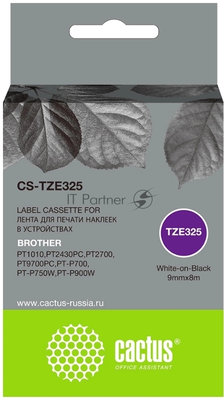 Картридж ленточный Cactus CS-TZE325 TZE-325 белый на черном 9x8 для Brother 1010/1280/1280VP/2700VP