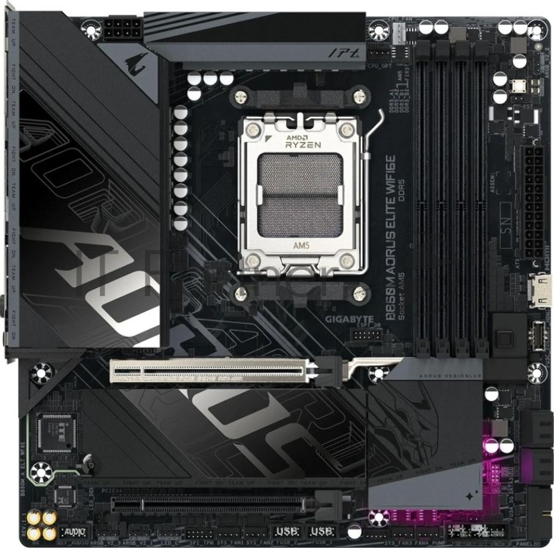 Материнская плата Gigabyte B850M AORUS ELITE WIFI6E, AM5, AMD B850, 4xDDR5, 4xSATA, 2xM.2, 1xPCIe 5.0 x16, 1xPCIe 3.0 x4, DisplayPort, 1x2.5Gb LAN, USB Type-C, 2x3.5 мм, 7.1, microATX