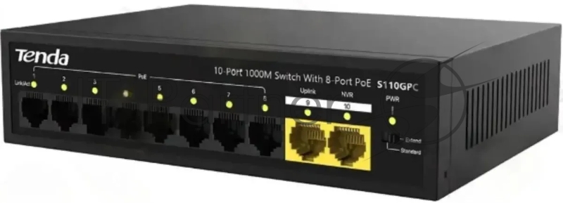 Коммутатор Tenda S110GPC, 8×100 Мбит/с PoE + 2×1 Гбит/с, неуправляемый