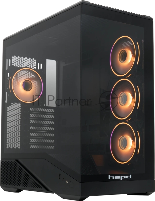 Компьютерный корпус без блока питания HSPD F711-TGbK-ARGB, Panoramic Full Tower, черный, TG, 0.7 SPCC, 4x120мм ARGB ATX, mATX, mITX 190/420/280мм 2x2.5", 2x3.5", 7xPCI 1xUSB-A 3.0, 1xUSB-C 445x235x475мм