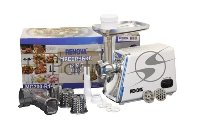 Мясорубка электрическая RENOVA MG200-R1WL белый, 2000 Вт, 2.0 кг/мин, реверс, защита от перегрузки, металлический лоток, насадки - 8