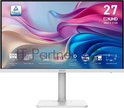Монитор 27" MSI Modern MD272UPHW IPS 3840x2160, 60 Гц, 4 мс (GtG), 16:9, DisplayHDR 400, 400 кд/м², HDMI 2.0b (x2), DisplayPort 1.4a, USB-C (98 Вт), встроенные динамики (2x3 Вт), Flicker Free, Low Blue Light, PIP, KVM-переключатель, регулировка по высоте, поворотная подставка, портретный режим, белый