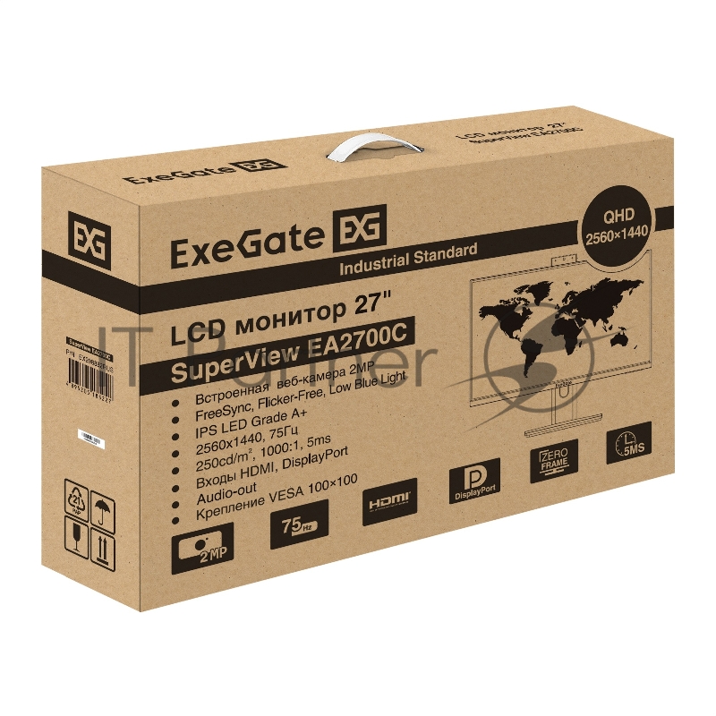 Монитор 27" ExeGate SmartView EH2709C IPS 2560x1440, 75 Гц, 5 мс, 16:9, 250 кд/м², 1xHDMI, 1xDisplayPort, USB, Flicker Free, Low Blue Light, с веб-камерой 2 Мп, черный