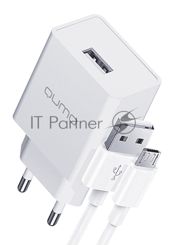 Сетевое зарядное устройство Qumo Energy light 10Вт, (модель 0103), порт: USB-A, + кабель PVC 1м. USB-A на MicroUSB, белый