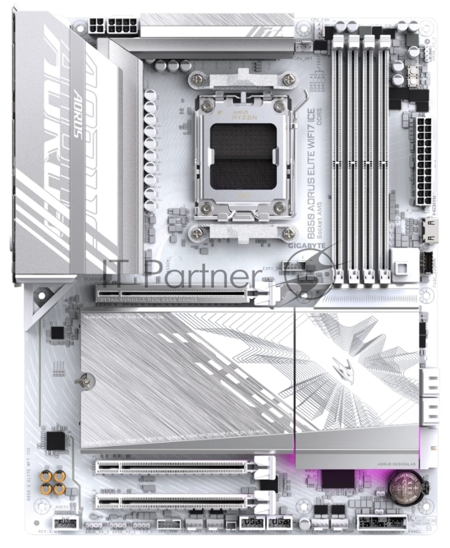 Материнская плата Gigabyte B850 AORUS ELITE WIFI7 ICE rev. 1.1, AM5, AMD B850, 4xDDR5, 4xSATA, 3xM.2, 1xPCIe 5.0 x16, 2xPCIe 3.0 x16, 1xDP, 1x2.5Gb LAN, Wi-Fi 7, Bluetooth 5.4, 1xUSB-C 10Gbps, 2xUSB-A 10Gbps, 5xUSB-A 5Gbps, 4xUSB-A 2.0, 3x3.5 мм + S/PDIF оптический, 7.1, ATX