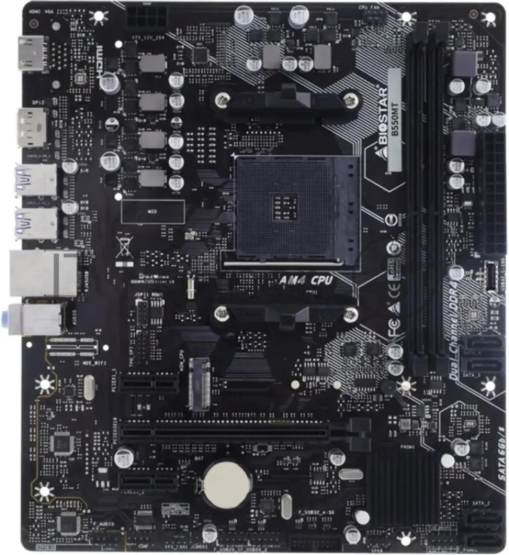 Материнская плата Biostar B550MT, AM4, AMD B550, 2xDDR4, 4xSATA, 1xM.2, 1xPCIe 3.0 x16, DisplayPort, HDMI, 1x1Gb LAN, 3x3.5 мм, 7.1, microATX