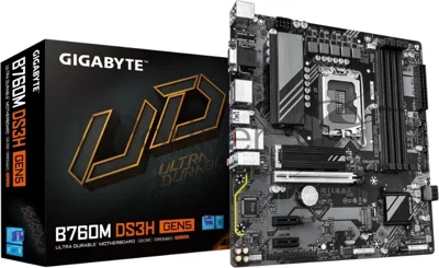 Материнская плата Gigabyte B760M DS3H GEN5, LGA 1700, Intel B760, 4xDDR5, 4xSATA, 2xM.2, 1xPCIe 5.0 x16, 2xPCIe 3.0 x1, 1xVGA, 1xHDMI, 2xDP, 1x2.5Gb LAN, 1xUSB-C 10Gbps, 3xUSB-A 5Gbps, 2xUSB-A 2.0, 1xPS/2, 3x3.5 мм, 7.1, mATX