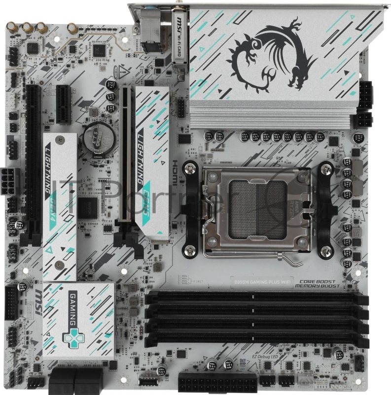 Материнская плата MSI B850M GAMING PLUS WIFI, AM5, AMD B850, 4xDDR5, 4xSATA, 2xM.2, 1xPCIe 5.0 x16, 1xPCIe 4.0 x4, 1xPCIe 3.0 x1, 1xDP, 1xHDMI, 1x5Gb LAN, Wi-Fi 7, Bluetooth 5.4, 3xUSB-C 10Gbps, 3xUSB-A 10Gbps, 3xUSB-A 5Gbps, 3x3.5 мм, 7.1, mATX