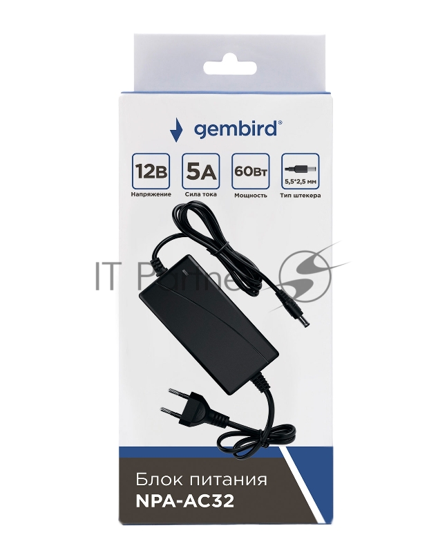 Блок питания Gembird NPA-AC32, 12В/5А, 60Вт, 1 штекер 5,5х2,5мм, черный