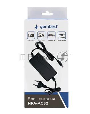 Блок питания Gembird NPA-AC32, 12В/5А, 60Вт, 1 штекер 5,5х2,5мм, черный