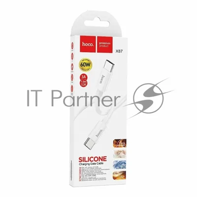 Кабель USB2.0 Hoco Type-C/Type-C, 3А, 60Вт, силиконовая оплетка, X87, 1м, белый, коробка