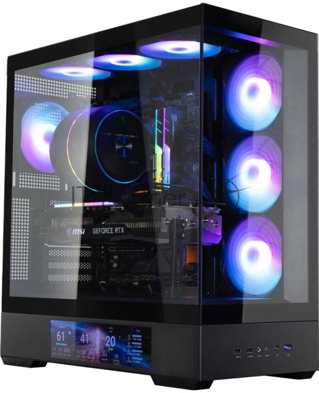 Компьютерный корпус ZALMAN P40 DS, ATX, черный, WINDOW, 9.1-inch LCD screen, 2xCombo(2.5” or 3.5”), 1x2.5”, 1xUSB TYPE-C, 2xUSB 3.0, SIDE 3x120мм ARGb, REAR 1x120мм ARGb