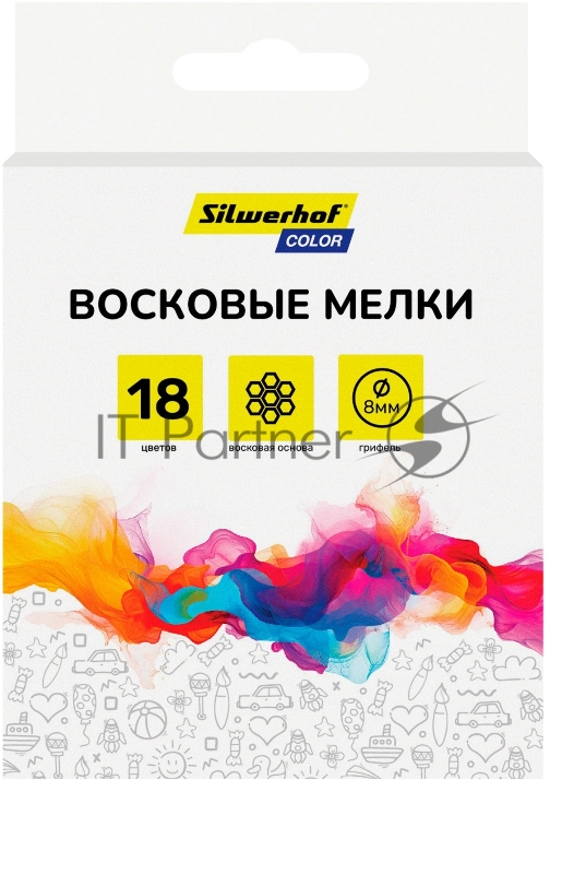 Восковые мелки Silwerhof Color, круглые, 18 цветов, длина 80мм, диаметр 8мм, картонная коробка с европодвесом