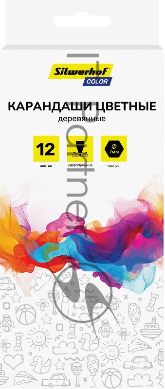 Карандаши цветные Silwerhof Color 2.8мм, шестигранный профиль, дерево, ассорти, 12 цветов, коробка с европодвесом