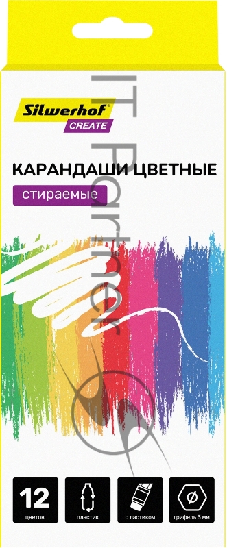 Карандаши цветные Silwerhof Create 3мм, шестигранный профиль, пластик, ассорти, 12 цветов, коробка с европодвесом ластик
