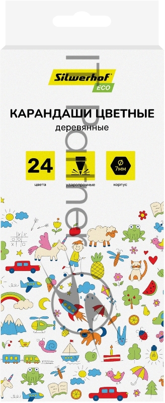 Карандаши цветные Silwerhof Eco 2.65мм, шестигранный профиль, дерево, ассорти, 24 цвета, коробка с европодвесом