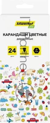 Карандаши цветные Silwerhof Eco 2.65мм, шестигранный профиль, дерево, ассорти, 24 цвета, коробка с европодвесом