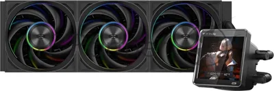 Система жидкостного охлаждения PCCooler DT360 ARGb Display BK (300W, 360мм, LED temp., черный, ARGb/Fans: 3x120мм, 83.83CFM, 3000RPM/Pump height 62мм, 15dBA, 2600RPM, Rad thickness 27мм/S: 1851, 1700, 1200, 115X, AM5, AM4)