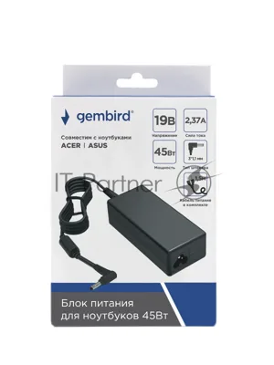 Блок питания Gembird для ноутбуков ACER, ASUS NPA-AC37, 19В/2.37А, 45Вт, штекер 3х1.1мм, коробка