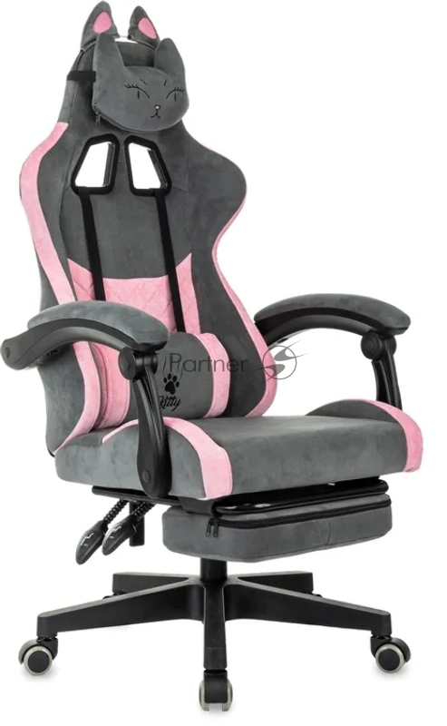 Кресло игровое Knight Kitty/F серый/розовый крестов. пластик подст. для ног