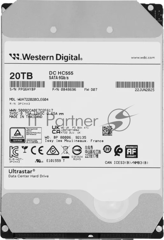 Жесткий диск Western Digital SATA 20Tb 7200RPM 6Gb/S 512MB DC HC555 WUH722020CLE604_0B48696