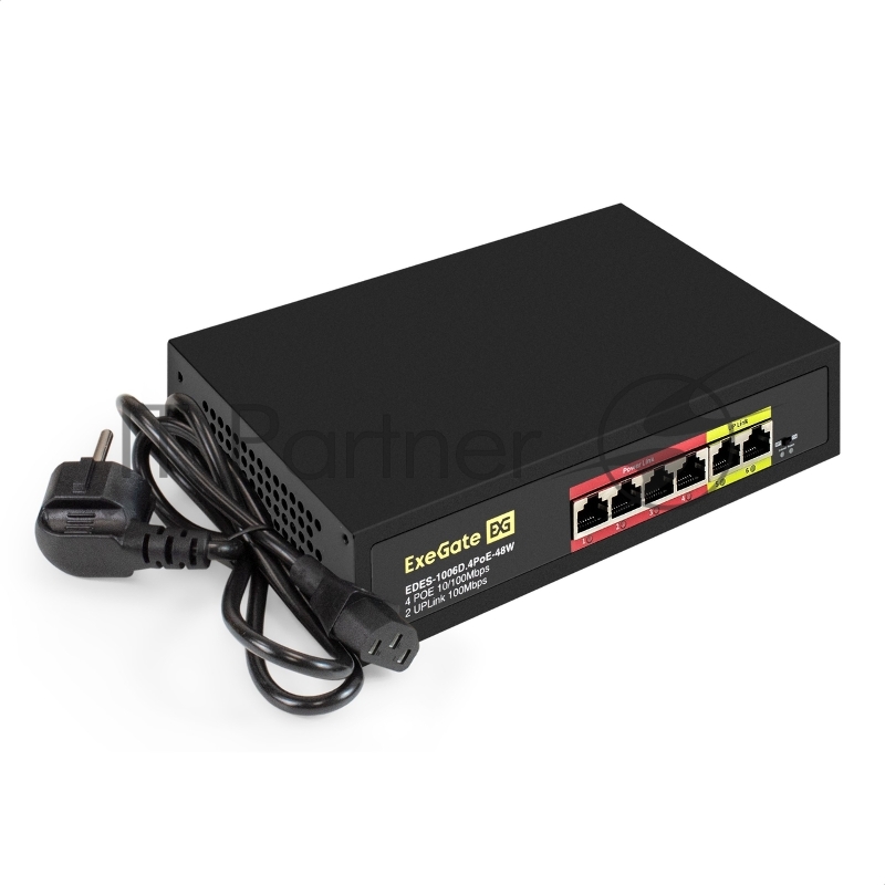 Коммутатор ExeGate EDES-1006D.4PoE-48W, 4×100 Мбит/с PoE + 2×100 Мбит/с, неуправляемый