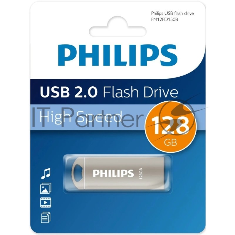 Флешка USB PHILIPS IRON (FM12FD150B/97), 128Gb, USB 2.0, R/W 25/18, серый