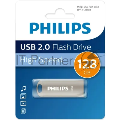 Флешка USB PHILIPS IRON (FM12FD150B/97), 128Gb, USB 2.0, R/W 25/18, серый