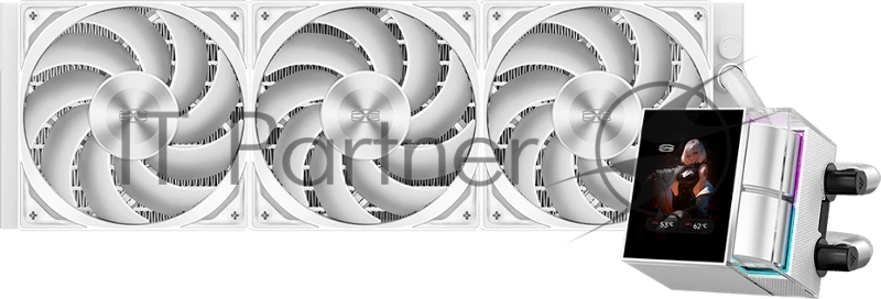 Система охлаждения Water Cooling System PCCooler DS360 Display WH (310W, 360мм, LED, белый, ARGb Pump/Fans: 3x120мм, 90.56CFM, 39.8dBA, 2500RPM/Pump height 65мм, 15dBA, 2600RPM, Rad thickness 27мм/S: 1851, 1700, 1200, 115X, AM5, AM4)