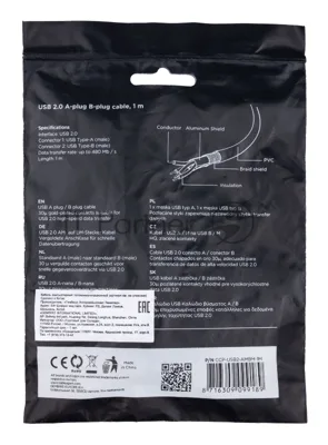 Кабель USB2.0 Cablexpert CCP-USB2-AMBM-1M, AM/BM, медь, двойной экран, Pro, 1м, черный, пакет