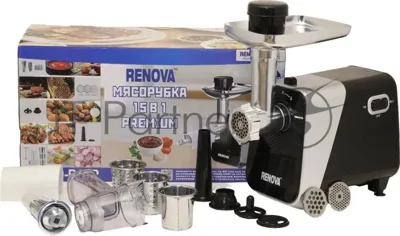 Мясорубка электрическая Renova MG260-R1BP черный, 2600 Вт, 2.5 кг/мин, реверс, защита от перегрузки, металлический лоток, насадки - 7