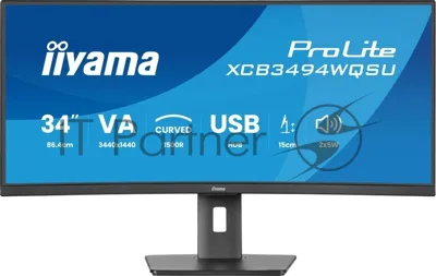 Монитор 34" Iiyama ProLite XCB3497WQSNPH-B1 VA 3440x1440, 120 Гц, 0.4 мс, 21:9, 350 кд/м², HDMI 2.0, HDMI 1.4, DP 1.4, USB-C (95 Вт), 3.5 Jack, USB Hub (4x USB 3.0), Ethernet, динамики (2x5 Вт), веб-камера (5 Мп), FreeSync Premium, изогнутый экран (1500R), черный