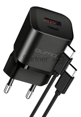 Сетевое зарядное устройство Qumo Energy PD 20Вт (модель 0109), Type-C PD + USB-A QC3.0,+ кабель 1м. Type-C на Type-C, черный
