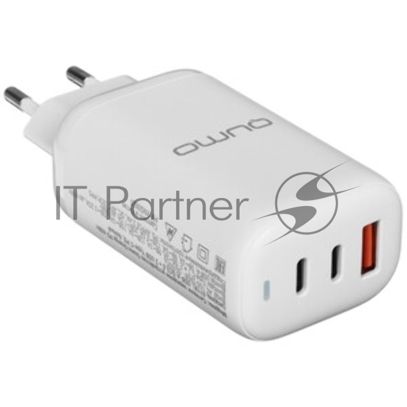 Сетевое зарядное устройство Qumo Energy PD 65Вт (модель 0118), USB-A QC3.0 + 2 USB Type-C PD,+ кабель 1м, Type-C, белый