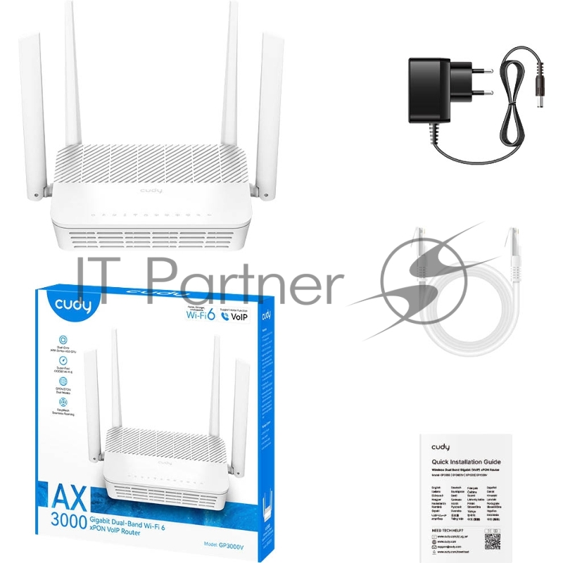 Маршрутизатор Cudy AX3000 Wi-Fi 6 VoIP GPON Router Dual Band Gigabit xPON Router, Realtek chipset, GPON/EPON, 2402Mbps at 5GHz + 576Mbps at 2.4GHz, 802.11ax/ac/a/b/g/n, 1 PON Port, 4 Gigabit RJ45 port, 1 RJ11 Port, Power ON/OFF Button,WPS Button,WiFi Button, Reset button,TR069/TR098/TR111/T