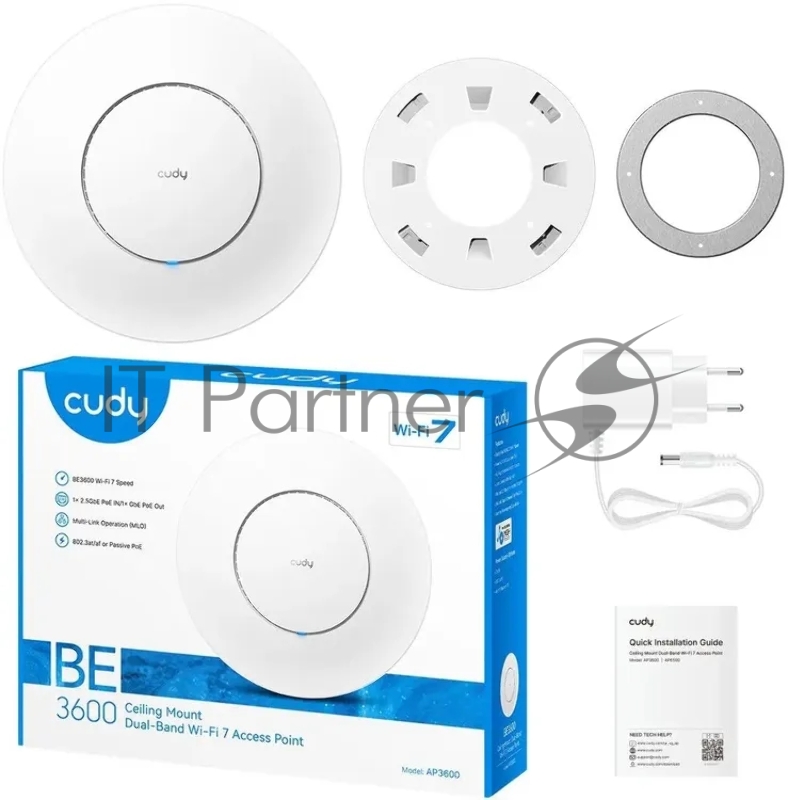 Точка доступа Wi-Fi CUDY BE3600 Wi-Fi 7 2 5G Access Point BE3600 Dual Band Ceiling Mount Wi-Fi 7 Access Point, Chipset Broadcom, 802.11be/ax/ac/a/b/g/n, 2880Mbps at 5GHz +688Mbps at 2.4GHz, 1 x 2.5G RJ45 Port, MU-MIMO, Support 12V DC or 802.3at PoE or Passive PoE, Internal Antennas, 12V DC adapter included, Cudy