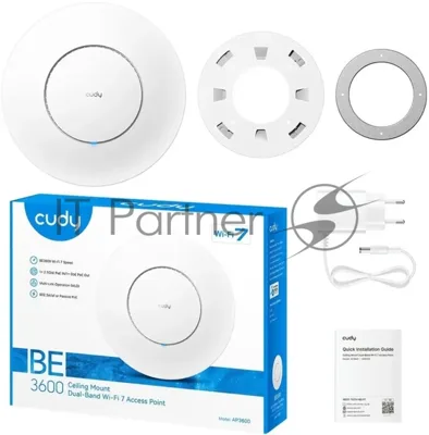 Точка доступа Wi-Fi CUDY BE3600 Wi-Fi 7 2 5G Access Point BE3600 Dual Band Ceiling Mount Wi-Fi 7 Access Point, Chipset Broadcom, 802.11be/ax/ac/a/b/g/n, 2880Mbps at 5GHz +688Mbps at 2.4GHz, 1 x 2.5G RJ45 Port, MU-MIMO, Support 12V DC or 802.3at PoE or Passive PoE, Internal Antennas, 12V DC adapter included, Cudy