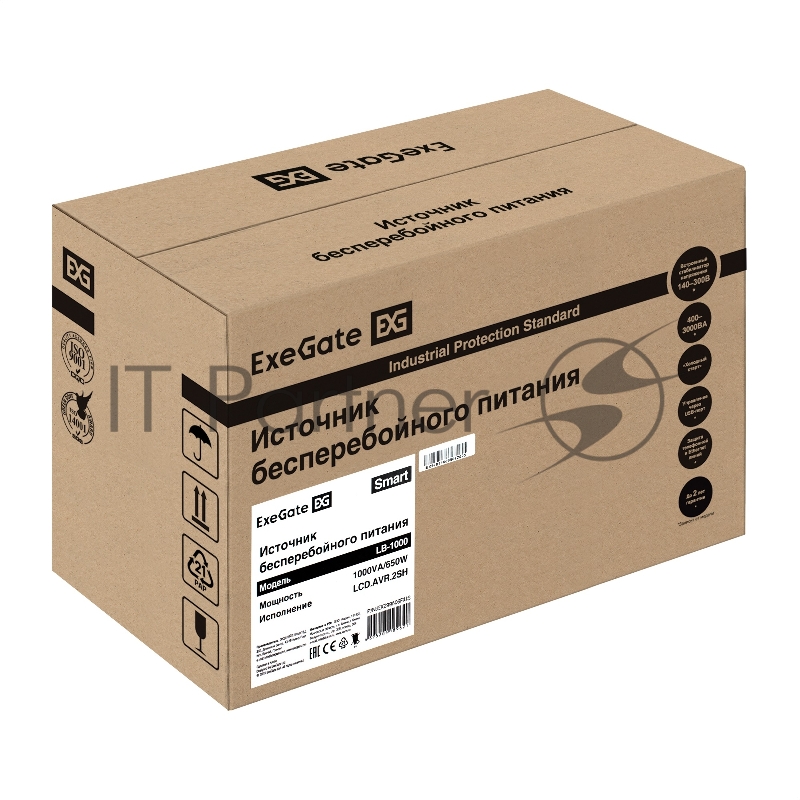 Источник бесперебойного питания ExeGate Smart LB-1000.LCD.AVR.2SH / 1000 ВА / 650 Вт / 2 x CEE 7 (евророзетка)