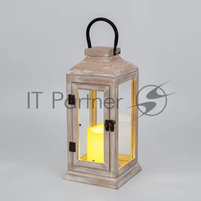 Фонарь декоративный Neon-night со свечкой, корпус из дерева, бежевый, 15х15х38cм, теплый белый