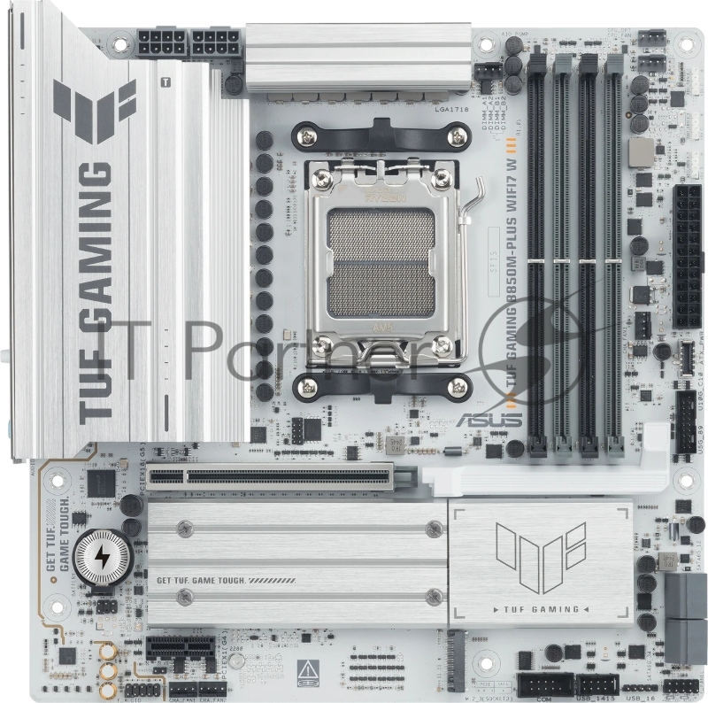 Материнская плата Asus TUF GAMING B850M-PLUS WIFI7 W, AM5, AMD B850, 4xDDR5, 4xSATA, 3xM.2, 1xPCIe 5.0 x16, 1xPCIe 3.0 x1, 1xDP, 1xHDMI, 1x2.5Gb LAN, Wi-Fi 7, Bluetooth 5.4, 1xUSB-C 20Gbps, 3xUSB-A 10Gbps, 4xUSB-A 5Gbps, 4xUSB-A 2.0, 5x3.5 мм, 7.1, mATX