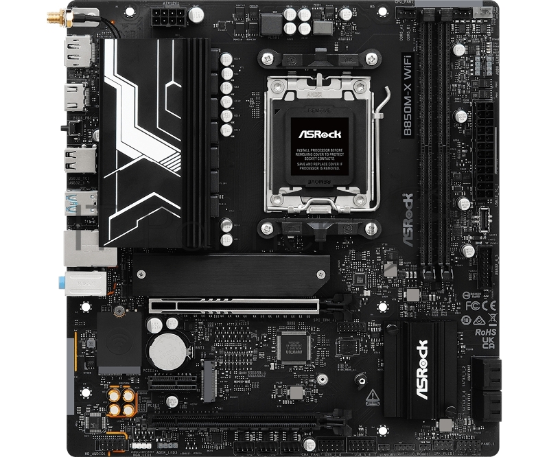 Материнская плата ASROCK B850M-X WIFI R2.0, AM5, AMD B850, 2xDDR5, 4xSATA, 2xM.2, 1xPCIe 5.0 x16, 1xPCIe 4.0 x4, 1xPCIe 3.0 x1, 1xDP, 1xHDMI, 1x2.5Gb LAN, Wi-Fi 6E, BT 5.2, 1xUSB-C 5Gbps, 3xUSB-A 5Gbps, 2xUSB-A 2.0, 3x3.5 мм, 7.1, mATX