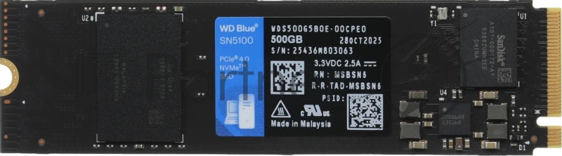 Накопитель SSD 500GB WD Blue SN5100, NVMe, M.2 2280, PCI-E 4x4 R/W - 5600/6600 Mb/s