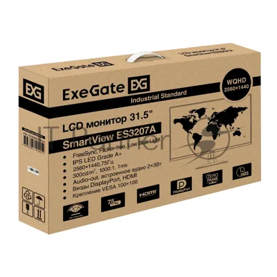 Монитор 31.5" ExeGate SmartView ES3207A IPS 2560x1440, 75 Гц, 1 мс, 16:9, 300 кд/м², HDMI 1.4, DP 1.2, USB, 3.5 Jack, динамики (2x3 Вт), FreeSync, Flicker-free, Low Blue Light, Pivot, VESA 100x100, черный